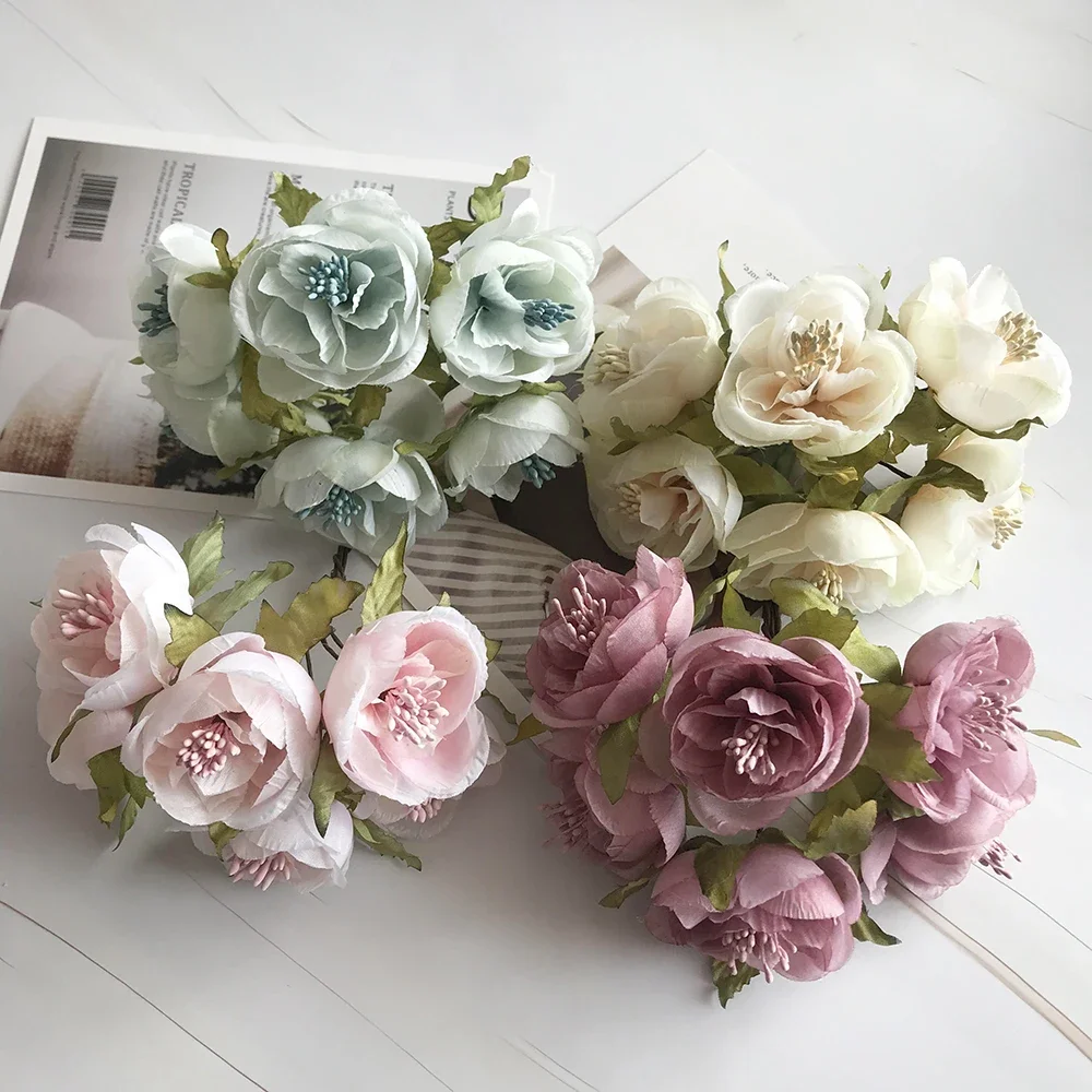 European retro rayon tea rose flower bud bouquet wedding home retro fake flower party DIY decoration  flower pots decorative