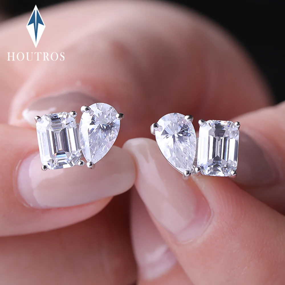 

4CTTW Pear & Emerald Cut Moissanite Stud Earrings for Women 925 Sterling Silver Two Stone Ear Studs Party Wedding Jewelry Gift