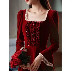 Women Medieval Palace Court Princess French Retro Vintage Square Collar Waist Lady Wine Red Golden Velvet Autumn Female Dress