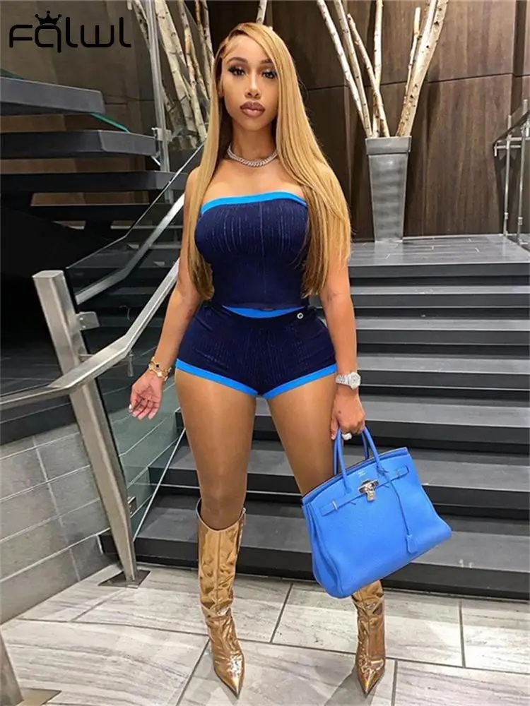 

Akaily Summer Blue Backless Shorts 2 Two Piece Sets Outfits For Women 2023 Streetwear Low Waist Shorts Sets Sexy Tube Top Sets