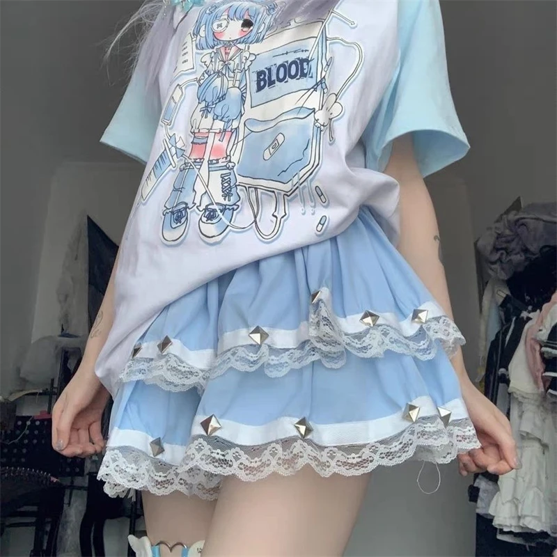 

Women Lace Patchwork Rivet Ruffles Tierred Lolita Fairy Mini Skirts Summer Female High Waist Sweet Kawaii Chic Y2K A Line Skirt