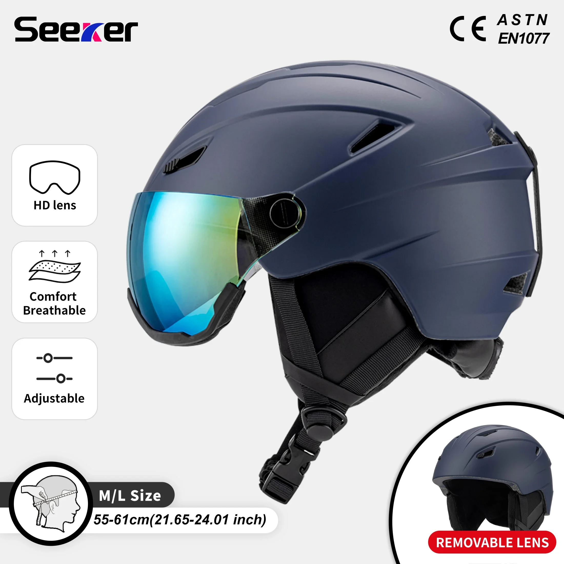 

Seeker Ski Helmet with Goggles Winter Snow Helmet Outdoor Sports Alpine Skiing Skating Helmet Adult Men's and Women's Ski Helmet