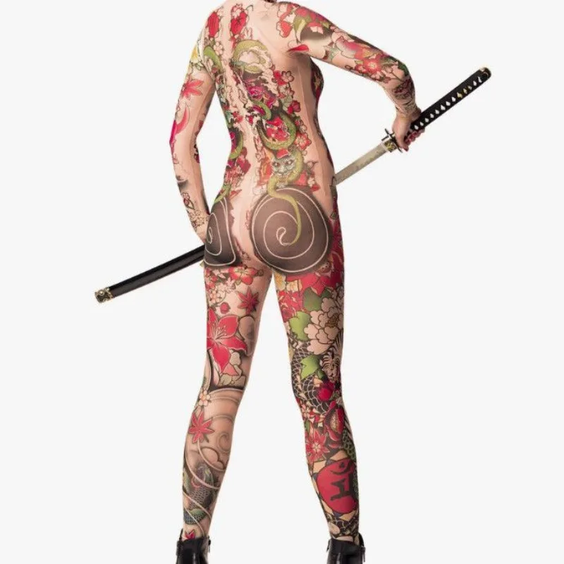 Halloween New Tattoo Printed Dragon Bodysuit Stage Performance Costume See Through Jumpsuit Women Activity Overalls Slim Stretch