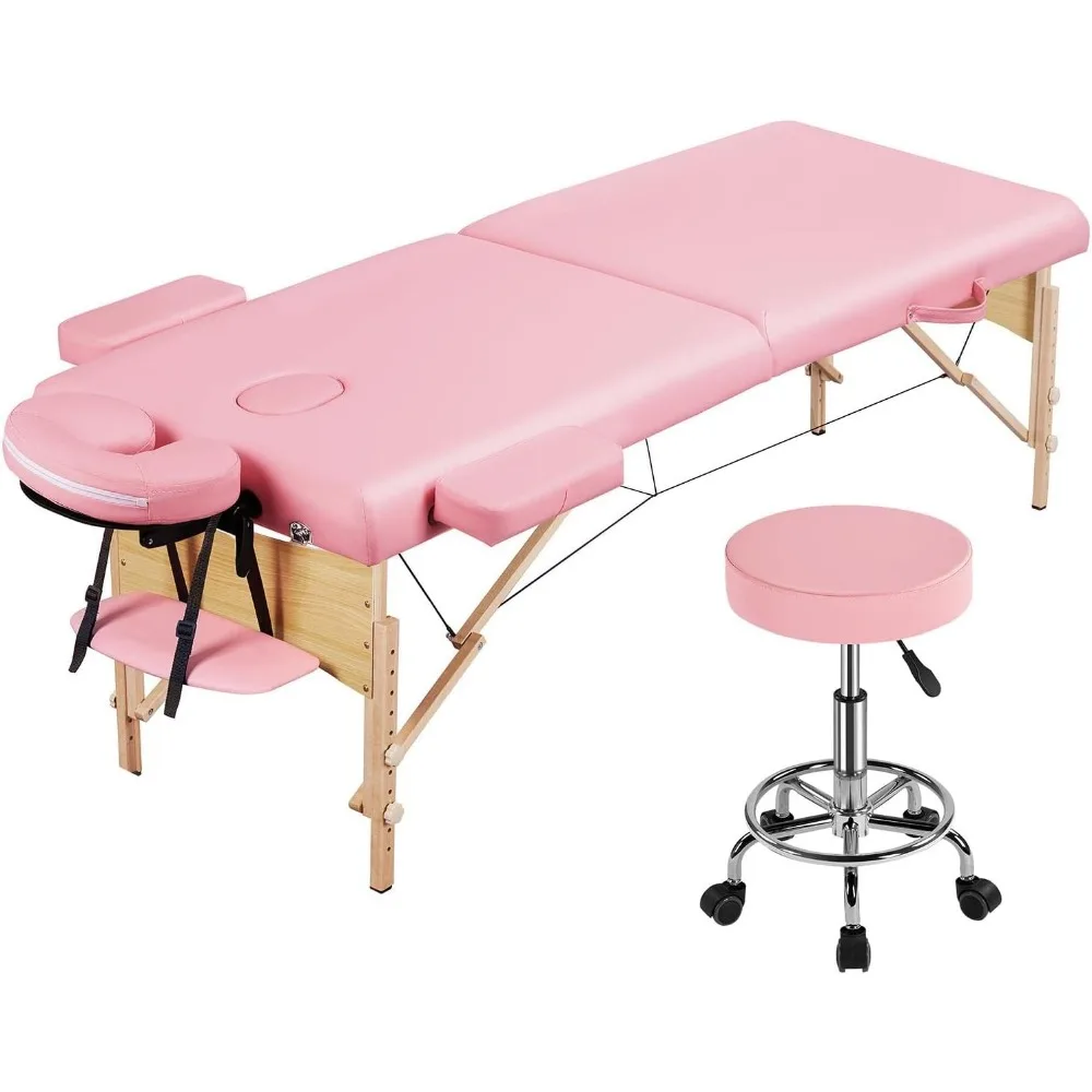 

Yaheetech 28“ Wide Wood Massage Table with Rolling Stool 2 Folding Portable Massage Bed Spa Lash Table Stool Adjustable Swivel S