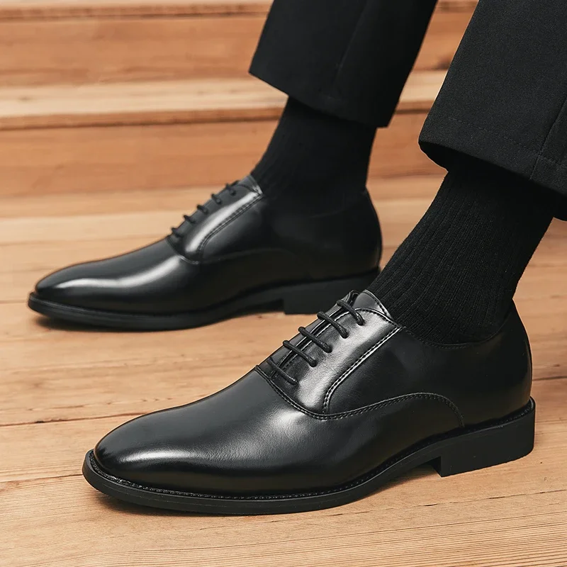 European Station Men  Classic Business Casual Derby Leather Shoes Pointed Black Sizes 38-44  Men Shoes