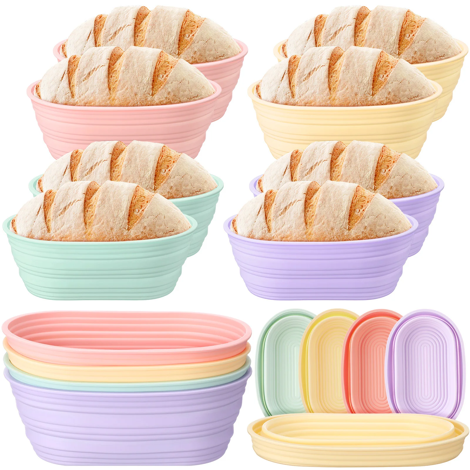 

8pcs Pack Silicone Banneton Basket - Collapsible Non-Stick Oval Proofing Basket Suitable for Sourdough Bread
