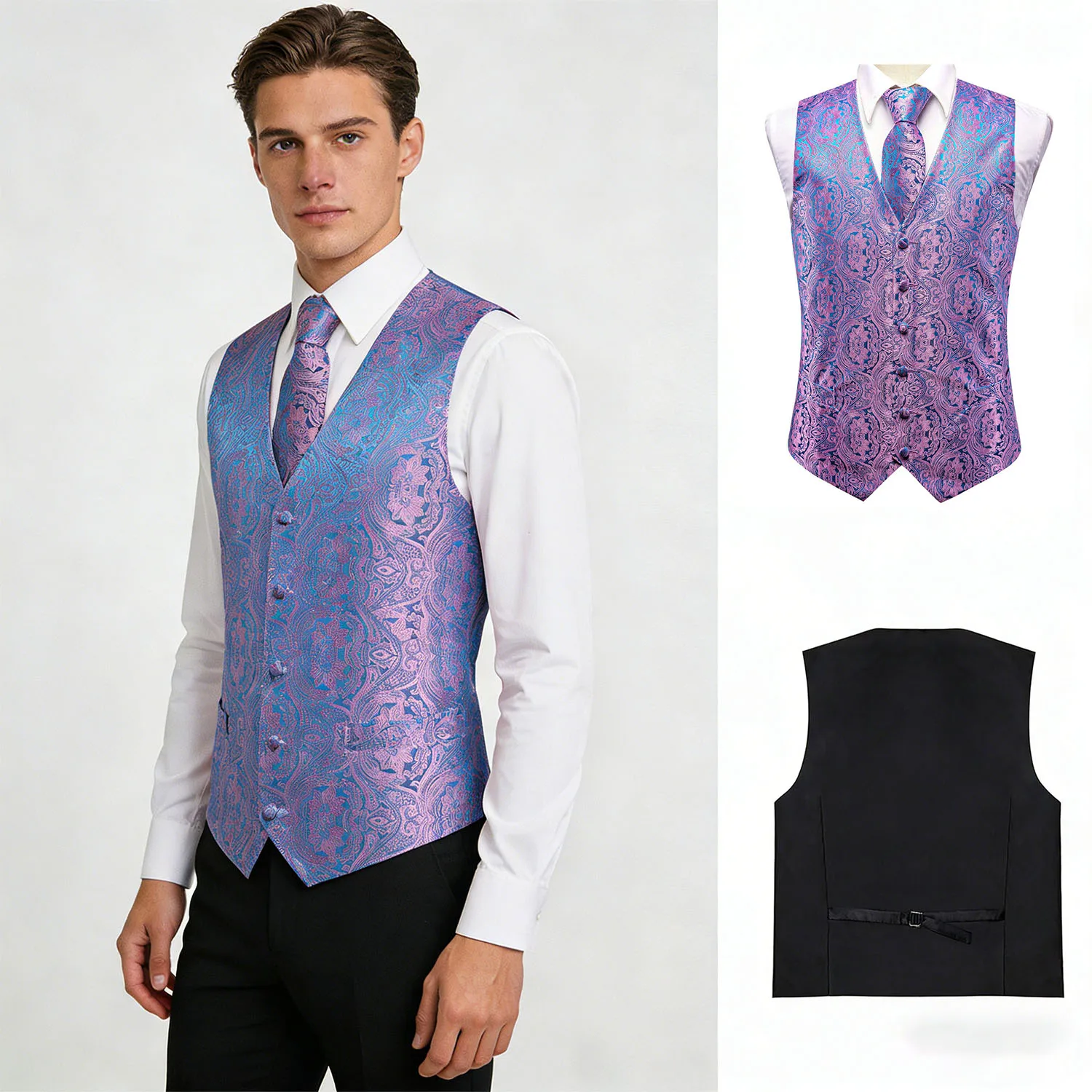 

Мужской комплект: жилет и галстук с цветочным узором пейсли – формальный жилет с галстуком и нагрудным платком, идеально подходит для свадеб и деловых мероприятий.