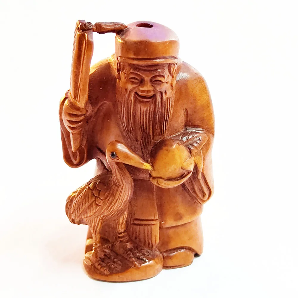 

Y8768 - 20 Years Old 2 " Hand Carved Boxwood Netsuke : Immortal With Crane