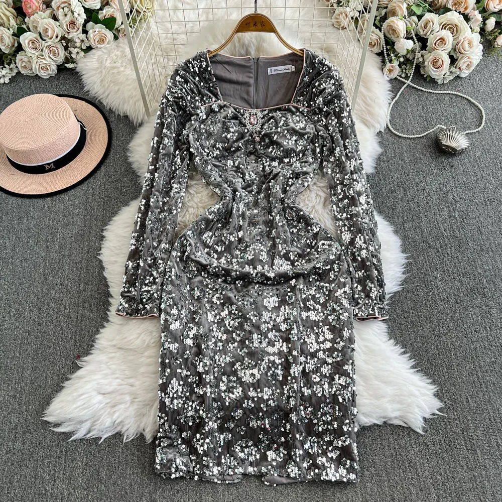 Elegant Long Sleeves Fashion Square Neck Rhinestone Sequin Velour Slim Split Dresses Evening High Street Autumn Winter Clothing