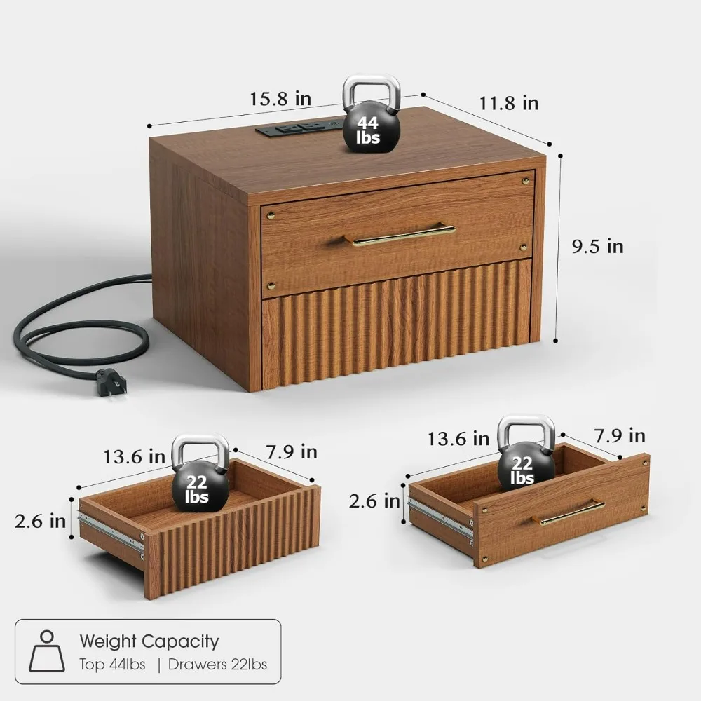 Mid Century Modern Floating Nightstand Set of 2, Wood Wall Mounted Bedside Table with 2 Storage Drawers & Fluted Decor