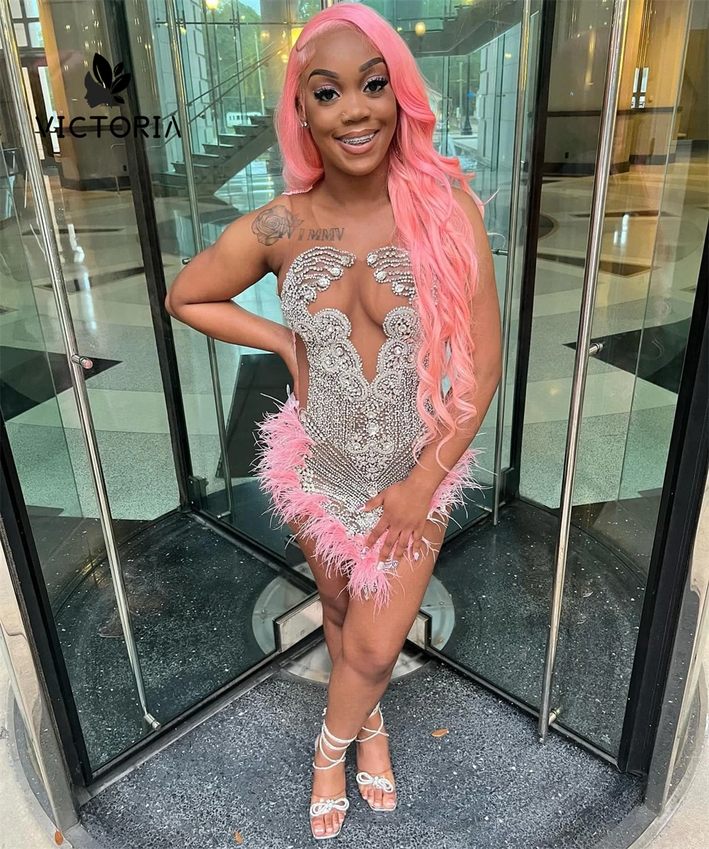 

Pink Feathers Silver Rhinestone Prom Dress Black Girls Sheer Mesh Mermaid Birthday Dress Luxury Sexy Mini Cocktail Customized