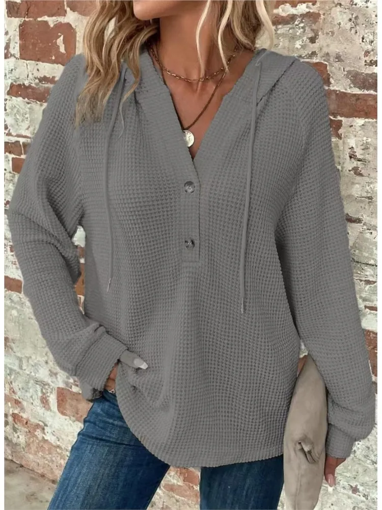 المرأة عارضة بلون البلوز الأزياء زر الخامس الرقبة طويلة الأكمام هوديي السيدات ربيع الخريف الأساسية البلوز قمم