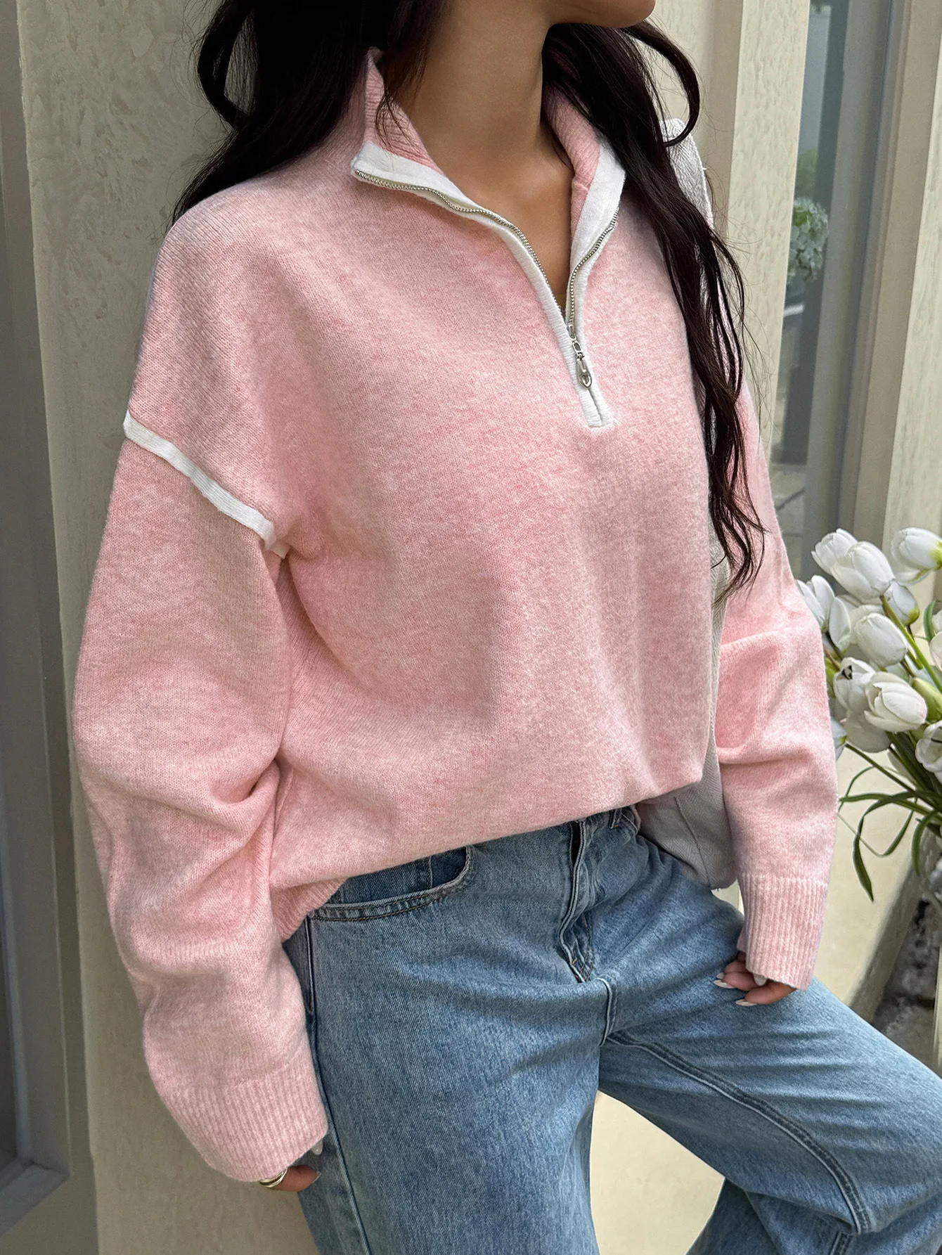 

Simple Women's Sweater Solid Color Versatile Autumn Loose Fashionable Autumn Winter Pullover Long Sleeve Zipper Collar Coat