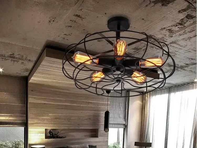 

Wrought Iron Cage Ceiling Lights, Diamond Ceiling Lamps, Vintage Fan Light, Creative Art, Black and White