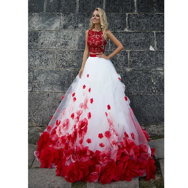 3D Floral Appliques Wedding Dress Two Pieces White And Red Garden Bridal Gowns Sleeveless Beach Robe De Mariee Customized