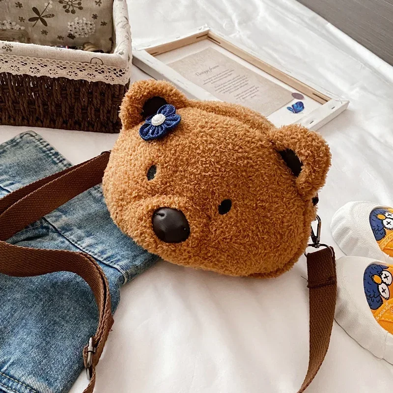 Lamb Hair Girl's Small Bag New Fashion Children's Plush Bag Versatile Cute Doll Crossbody Wallet Bear Head Plush Shoulder Bag