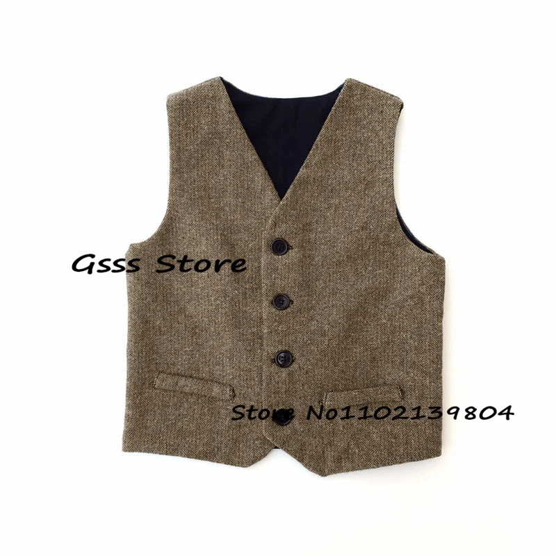 Wool Child Suit Vest Retro Herringbone Kids Sleeveless Jacket Boys WaistcoatV Neck 4 Button Clothes