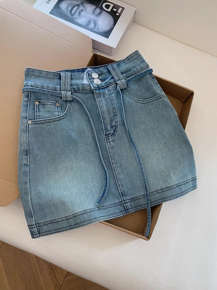 

Женская синяя мини-юбка в винтажном стиле с завышенной талией, юбка-карандаш в корейском стиле Харадзюку, короткая юбка А-силуэта в стиле Y2K, одежда весна-лето 2000-х годов