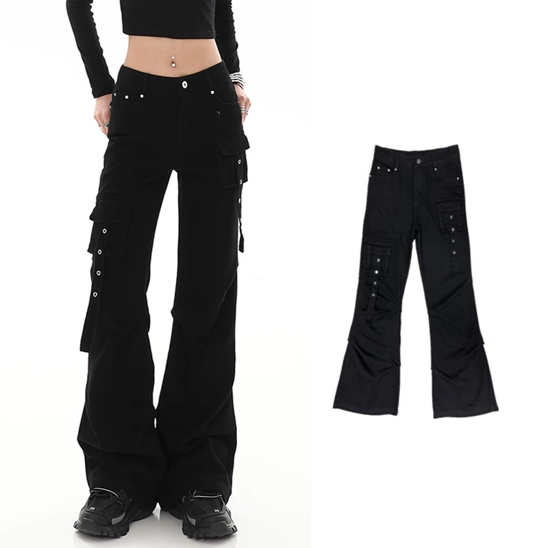 

Женские черные джинсовые расклешенные джинсы Y2K, уличная одежда, повседневные тонкие джинсы-карго с высокой талией