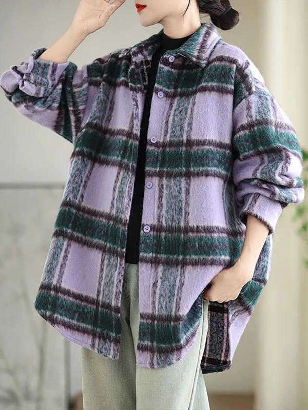 

plus Size Women's Casual Loose Tweed irt Coat Age-Defng Plaid Pattern Long Sve Mid-Length Single Button Closure