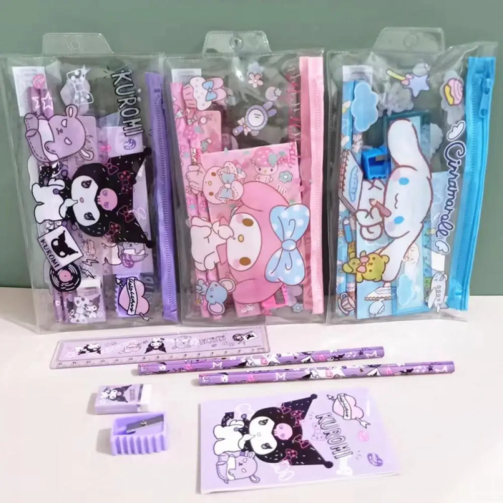 Juego de papelería de Anime Sanrio Melody Kuromi, Cinnamoroll, borrador de lápiz de dibujos animados, regla, bolsa de bolígrafo, juego de