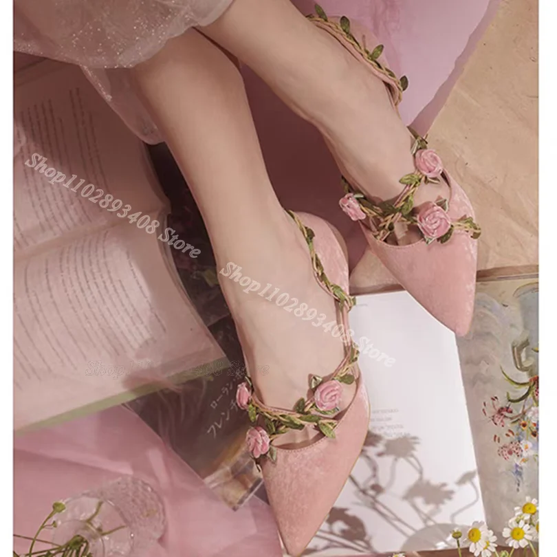 Pink Flock Flower Decor Pumps Pointed Toe Shallow Spring Low Heels Elegant Fashion Party Women Shoes 2024 Zapatos Para Mujere