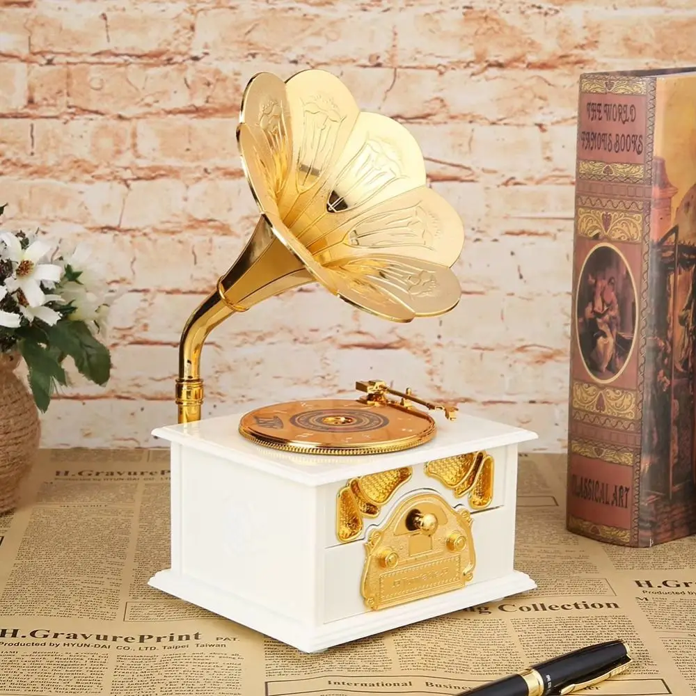 

European-style Gramophone Model Music Box Gramophone Model Phonograph Shape Classical Phonograph Drawer Music Box Hand Crank
