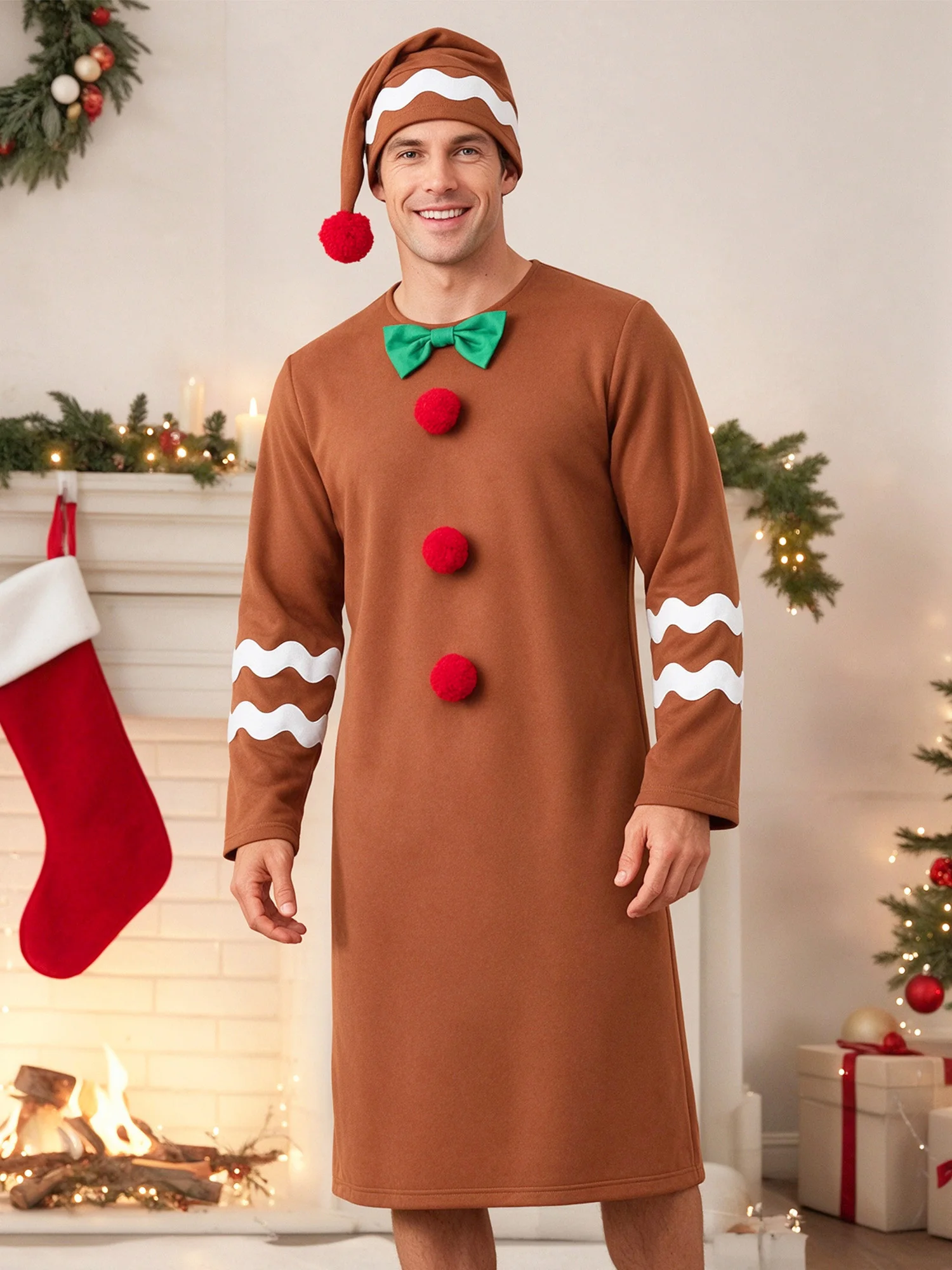 Disfraz de hombre de jengibre navideño para hombre, ideal para fiestas y celebraciones, con sombrero, bata de manga larga marrón y lazo verde, y pompones.