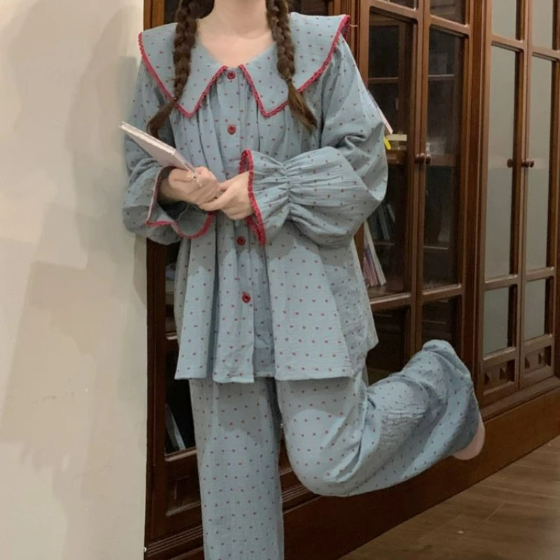 Pajamas Women's Spring and Autumn Korean Version Sweet Ruffle Edge Long-sleeved Trousers Cute Doll Collar Loose Loungewear Set