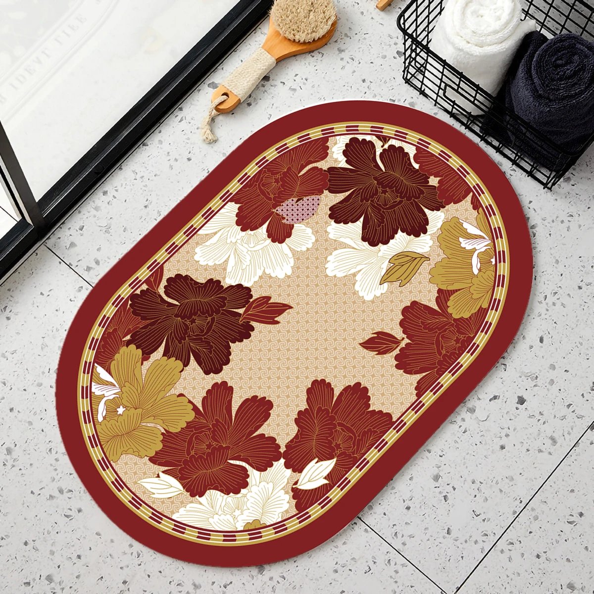 Red Flowers Bathroom Mat Retro Super Absorbent Rug Bath Non Slip Floor Mats Easy To Clean Doormat Kitchen Area Rugs