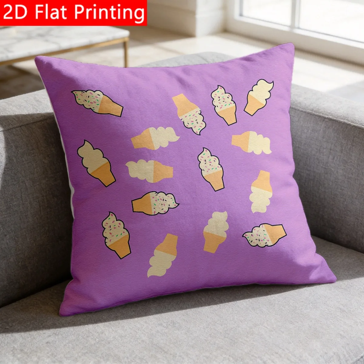 2D Flat - 1pc 2D Flat Throw Pillow Cover with Purple Scattered Ice Cream Cones Sprinkles Print Premium Polyester Soft And Reusable Cushion Cover Without Pillow Core Suitable for Living Room And Car Decor A Perfect Gift for Friends