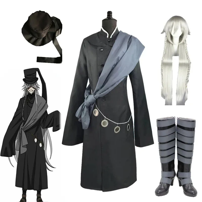 

NewAnime Black Butler Kuroshitsuji Undertaker Cosplay Costume Halloween Party Costumes Custom Made Full Set Hat Chain and Wig Sh