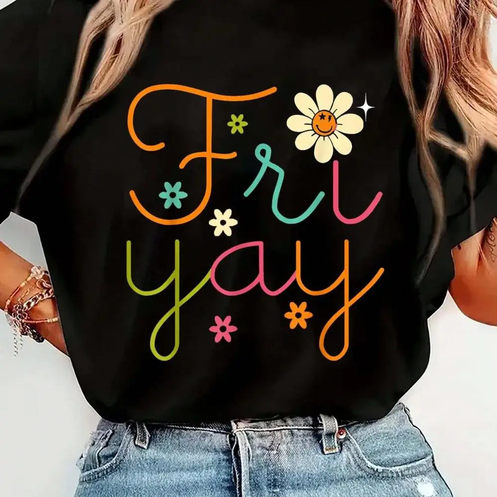 Fri-Yay Funny Happy Friday Teacher T-Shirt Print T-Shirt Casual Crew Neck Short Sleeve Comfort Tee Top For Spring Summer Women s Clothing