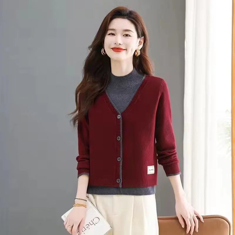 

Spring Autumn Half-high Collar Sweater Pullover Women Fashion Color Matching Fake Two Short Knitted Sweater Jacket Female Tops