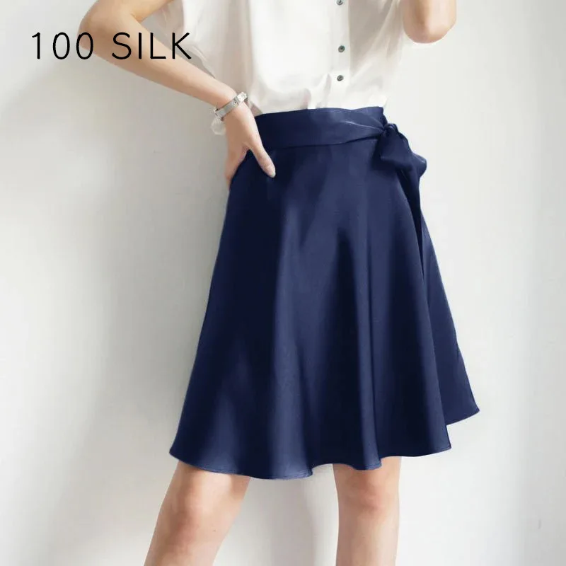 Women 22MM 100% Mulberry Silk A Line Skirt Summer Satin Midi Skirts Bow Tie Waist Solid Color Elegant Office Flared Short Skirt