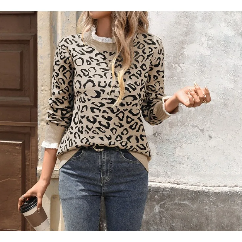 

Осень/зима 2022, новый модный ретро свободный кружевной вязаный свитер с круглым вырезом и леопардовым принтом для женщин