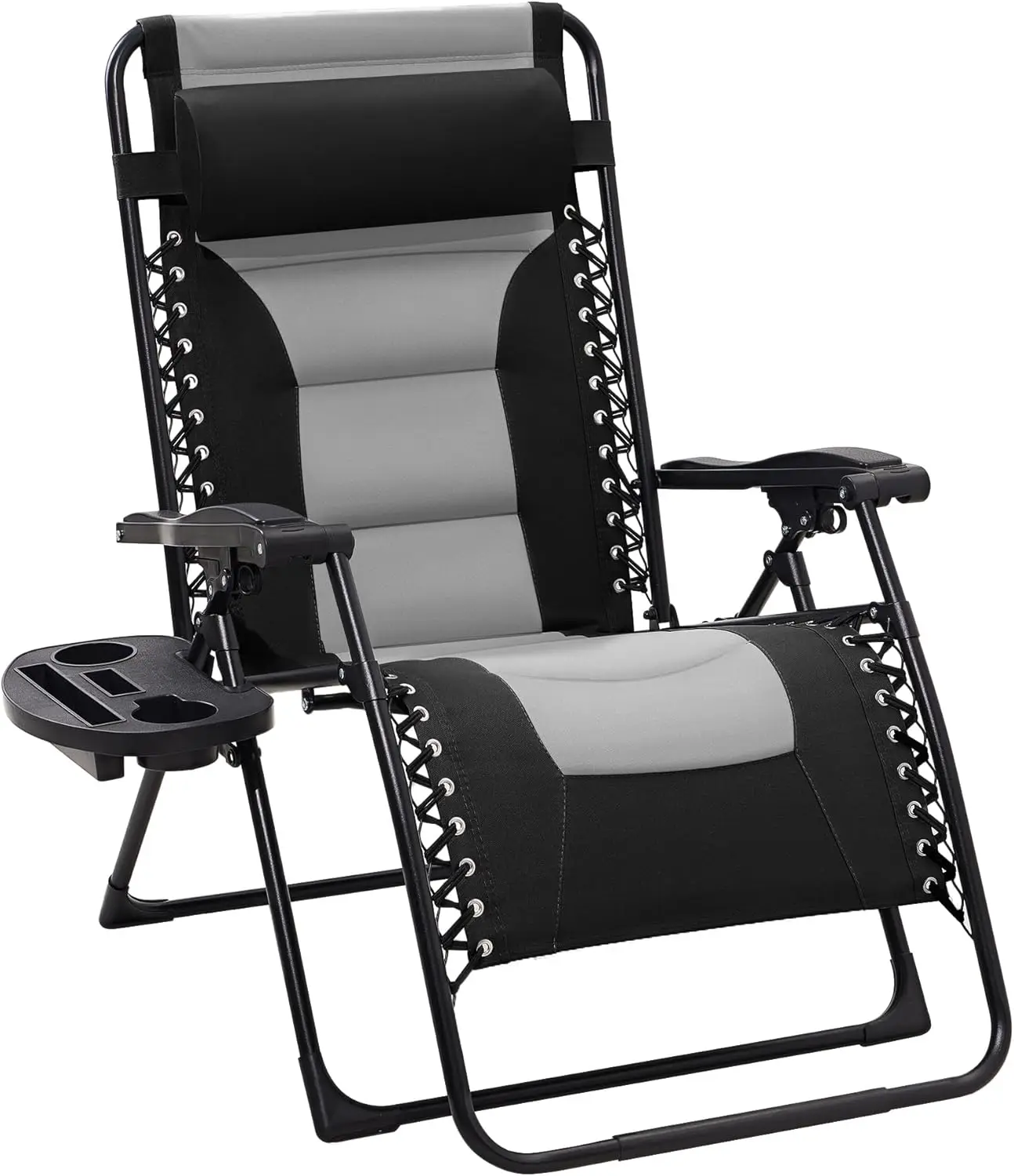 

Oversized Padded Zero Gravity Chair, Folding Lounge Recliner for Outdoor Patio with Headrest, Cup Holder, Side Tray - Black/Gray