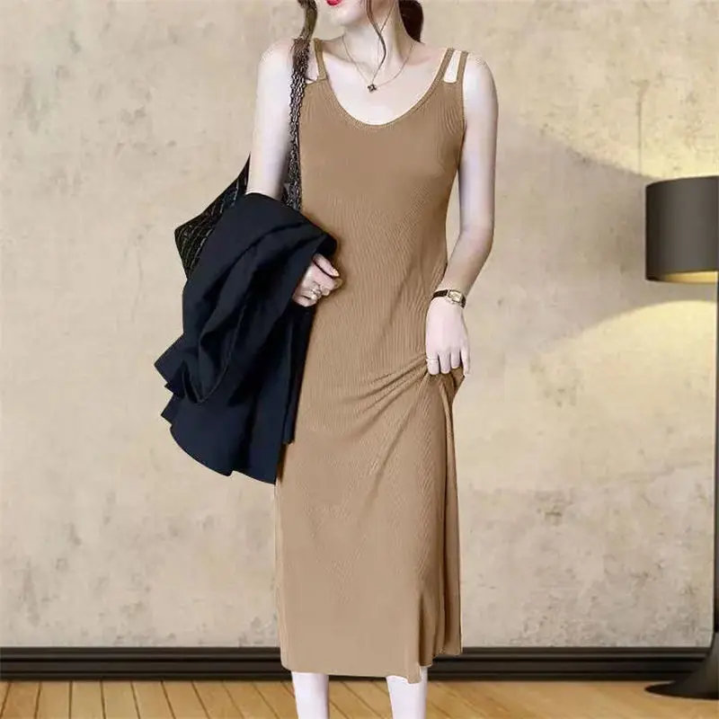 

Summer Women's Pullover Round Neck Sleeveless Camisole Hollow Out Solid Color Casual Sweet Ankle Skirts High Street Dresses