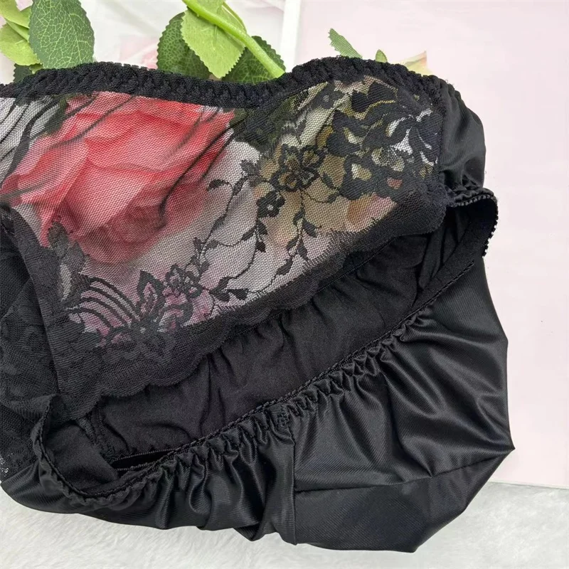 ﻿ Męska seksowna gładka transparentna bielizna jedwabista w dotyku elastyczna dopasowana koronkowa kwiatowa majtki Sissy BF bikini slipy