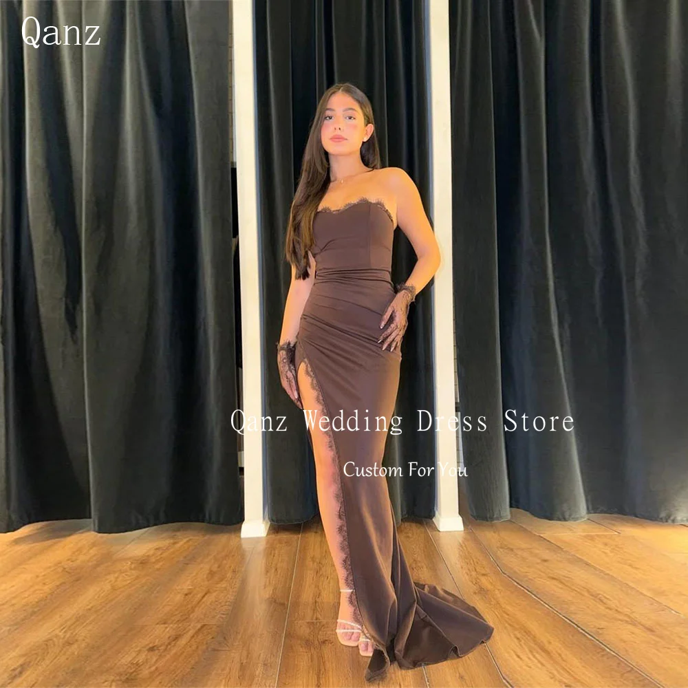 

Qanz Brown Satin Evening Dresses High Leg Slit Mermaid Lace Vestidos De Gala De Noche With Jacket Party Prom Gowns Customized