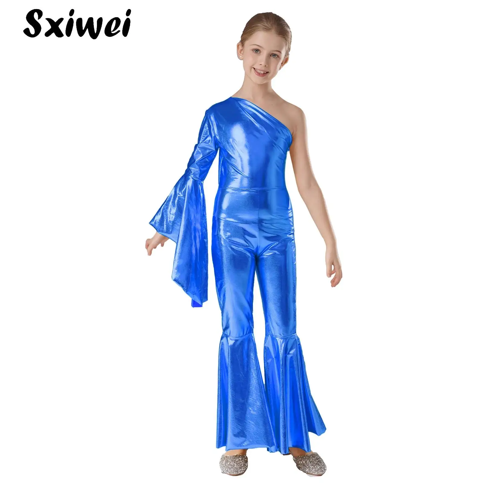 

Shiny Halloween Hippie Costume for Kid Girls One Flare Sleeve Metallic Disco Outfit 70s 80s Prom Flare Jumpsuit Party Costume