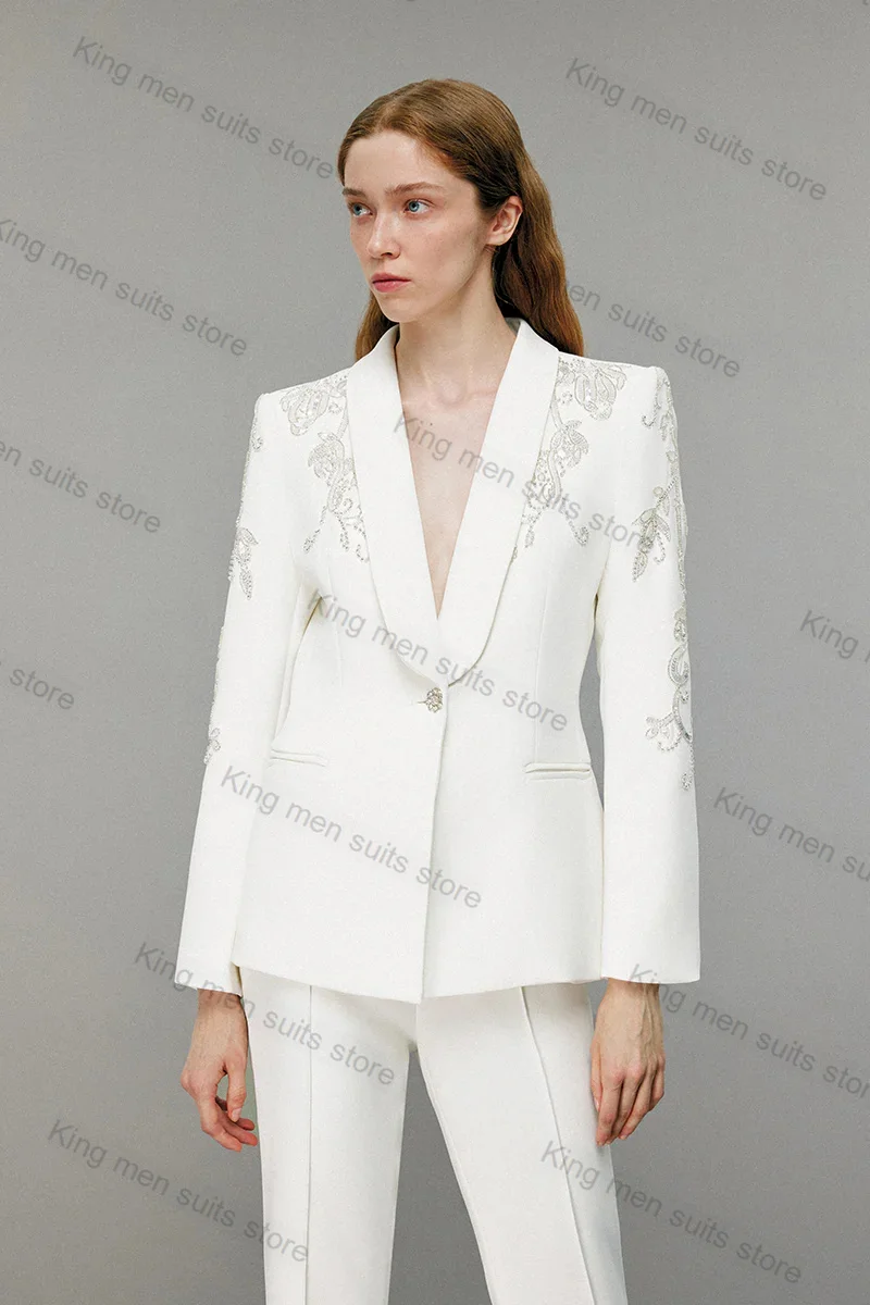 White Wedding Women Suit Pants Set 2 Piece Cotton Blazer+Flare Trousers Crystals Custom Made Formal Bride Tuxedo Autumn Jacket