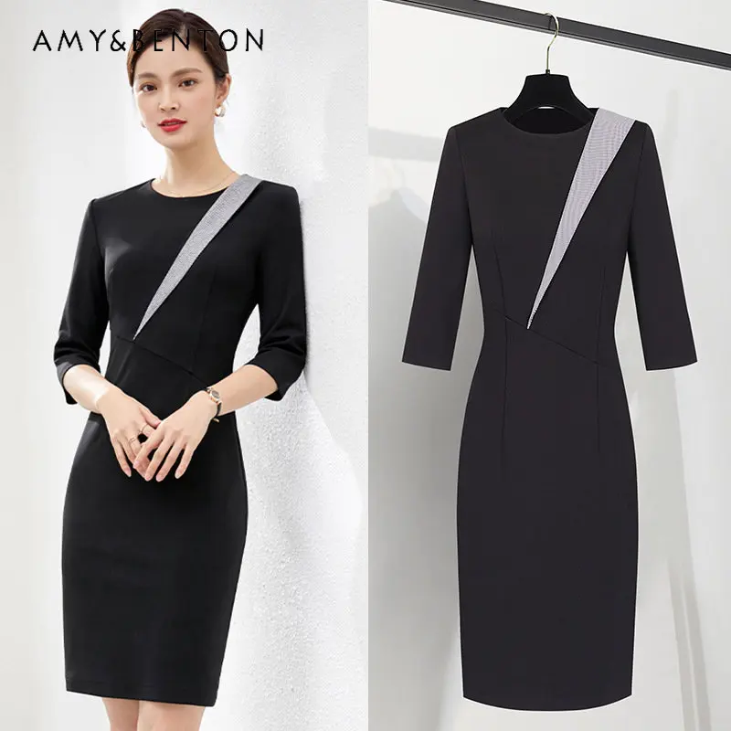 

Professional Women's Dress Summer Elegant Ol Slim Fit Slimming Work Dress Round Neck Light Mature Black God Style Work Dress