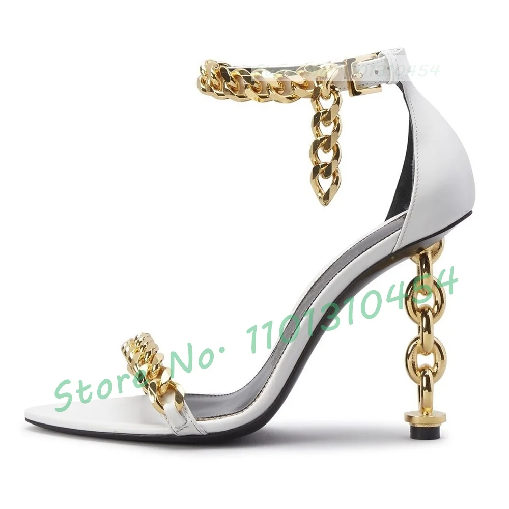 Chain-link Heel Leather Sandals Female Sexy Metal Ankle Strap Pointy Shoes Women Luxury Casual Fashion High Heels Party Sandals