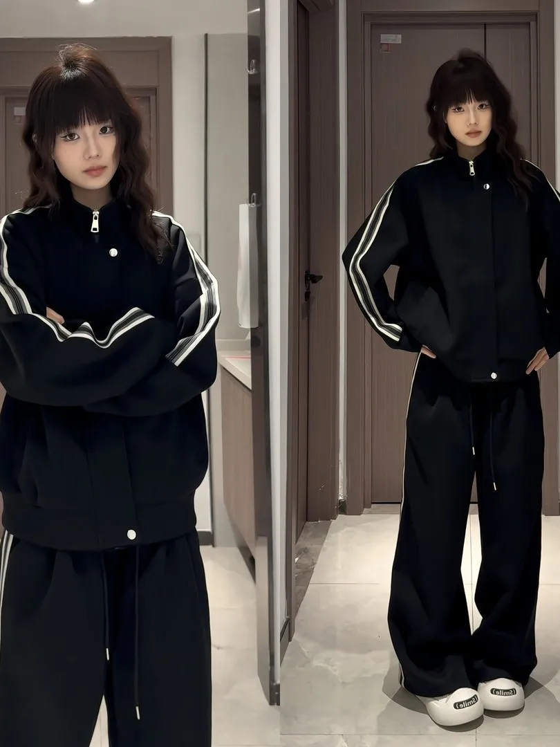 

American Stripe Sweatirt Set Men Loose Straight Sports Pants Spring Autumn Couple Match Casual Two-piece Set Cotton Polyester