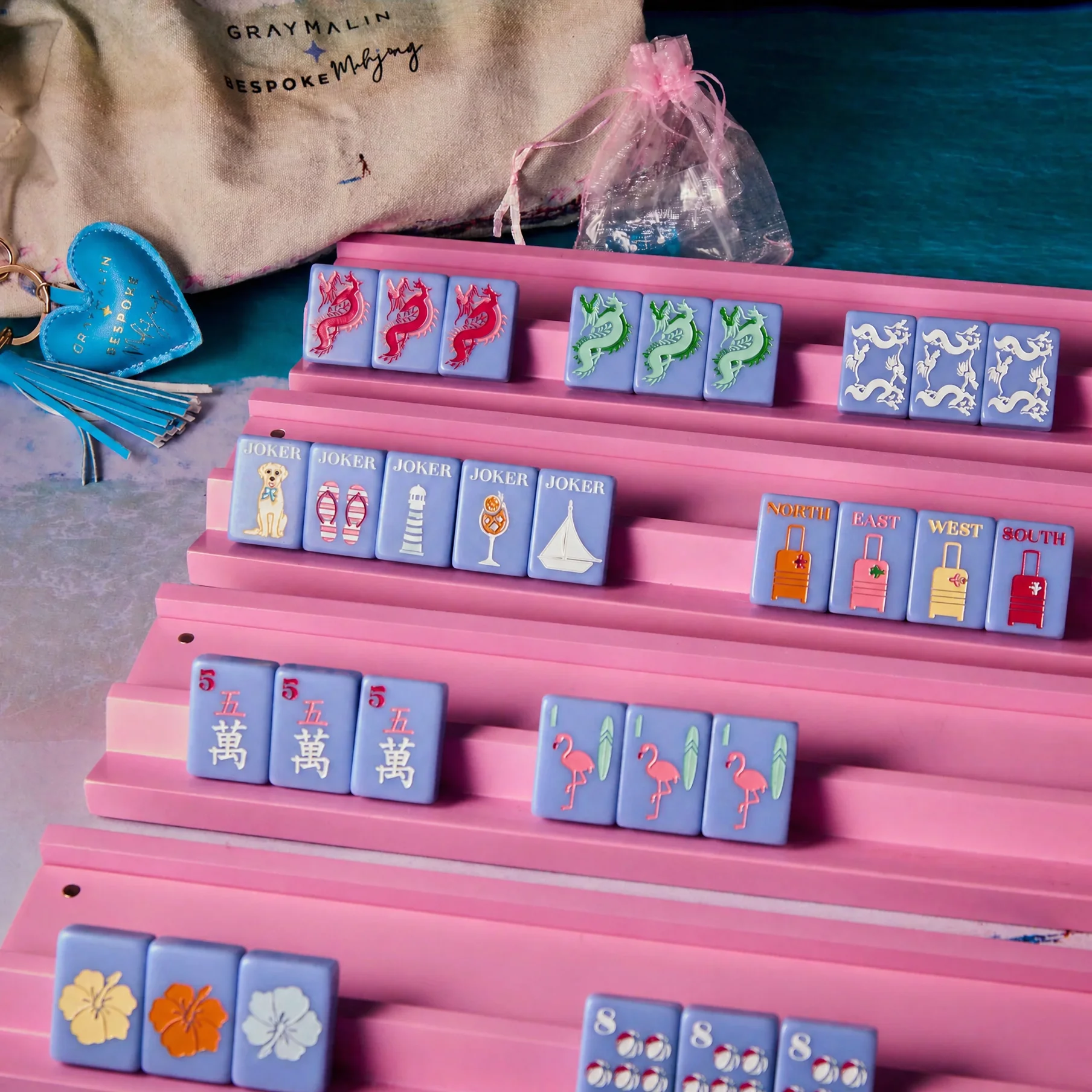 Acrylic Mahjong Set, Purple Base, Flamingo Motifs, Scratch Proof, Dustproof, Chess Card Evenings, Resort Vibe, 4 Players