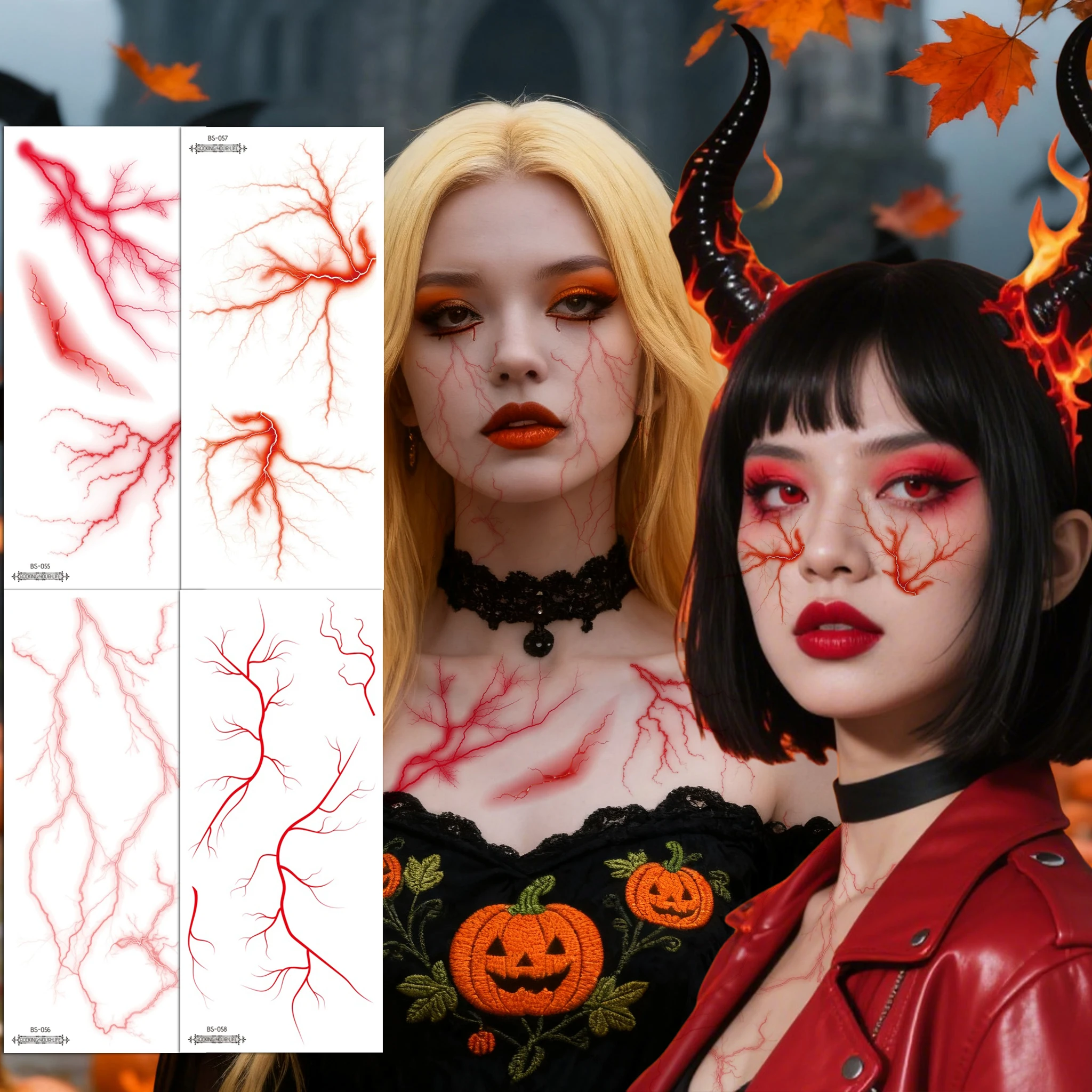 4 Sheets Halloween Vascular Lightning Bolt Temporary Tattoo Stickers - Waterproof Realistic Fake Tattoos for Parties, Pranks
