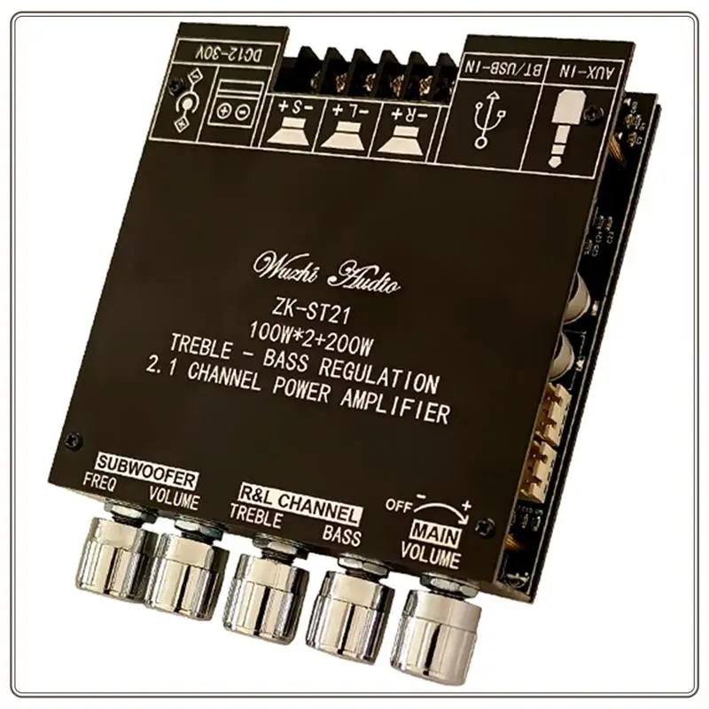 

Reliable-ZK-ST21 Плата цифрового усилителя Bluetooth 2,1-канальный чип сабвуфера 100 Втx2 + 200 Вт TPA3221 Плата стереоусилителя Hi-Fi, ZK