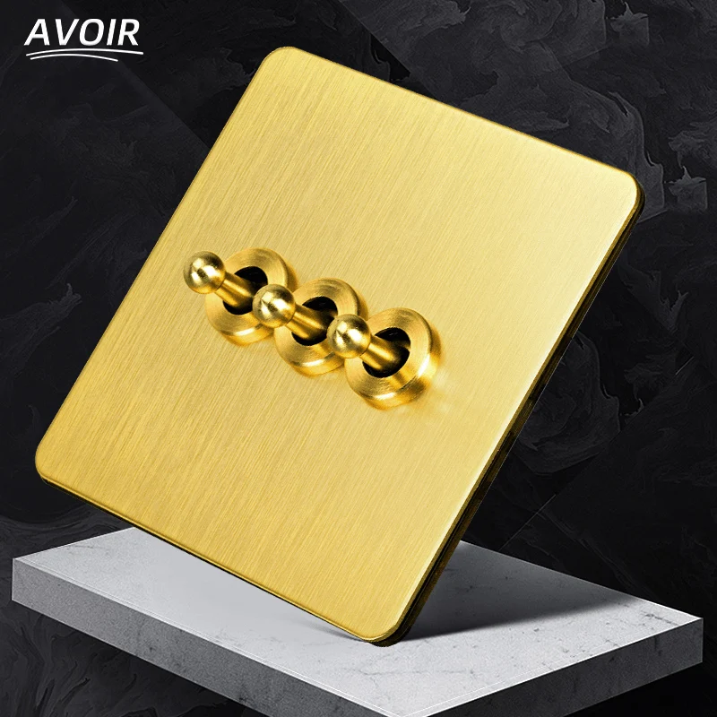 Avoir Retro Toggle Switch Brass Lever Vintage Wall Switch 1-4 Gang 2 Way For Lighting Gold Panel Electric Power Socket With Usb