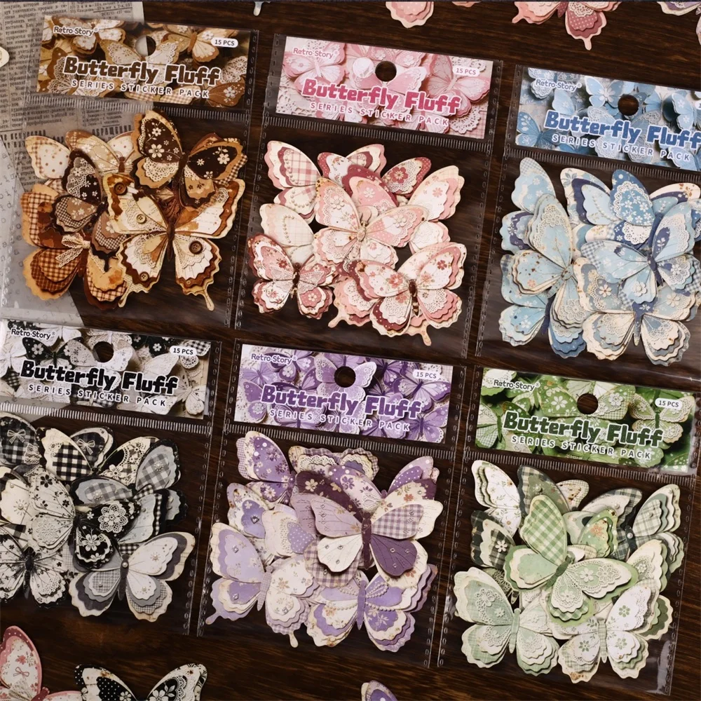 Lot de 15 autocollants papillons colorés vintage, décoratifs pour scrapbooking, journal, album, fournitures pour journal créatif fait main